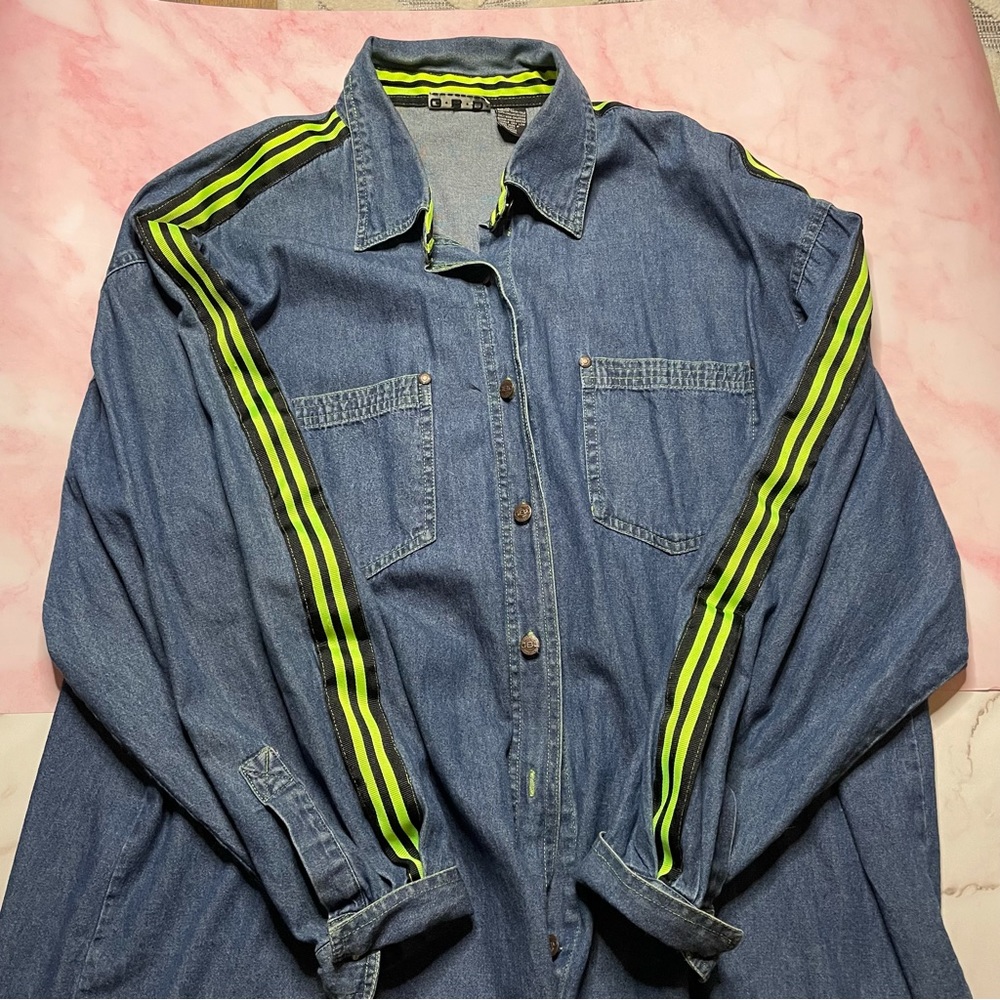 Denim top with neon green stripe details